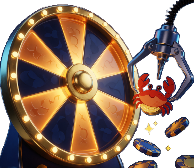 Gl&uuml;cksrad, Greifarm mit Krebs und schwebende Casino-Chips als Sinnbild f&uuml;r gamifizierte Bonus-Belohnungen