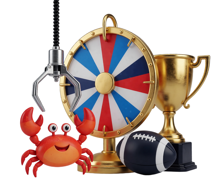 Gl&uuml;cksrad, Greifarm mit Krebs, Pokal und Fu&szlig;ball als Symbole der Mini-Games bei BetScore Casino