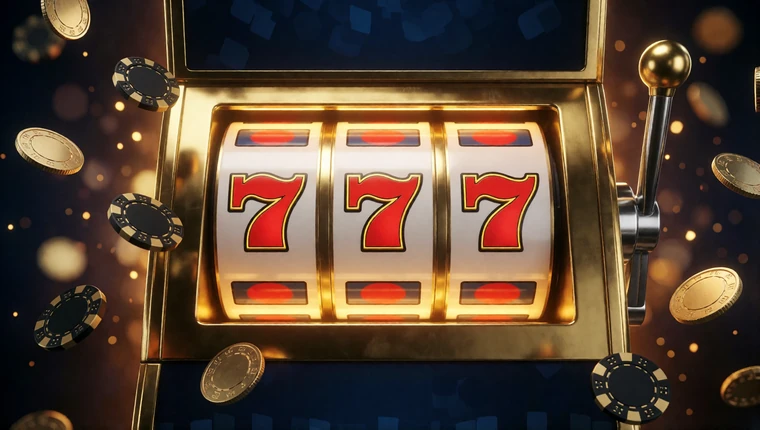 Leuchtende goldene Slot-Walzen mit Sieben-Symbolen und fliegenden Casino-Chips aus der Online Slots Lobby