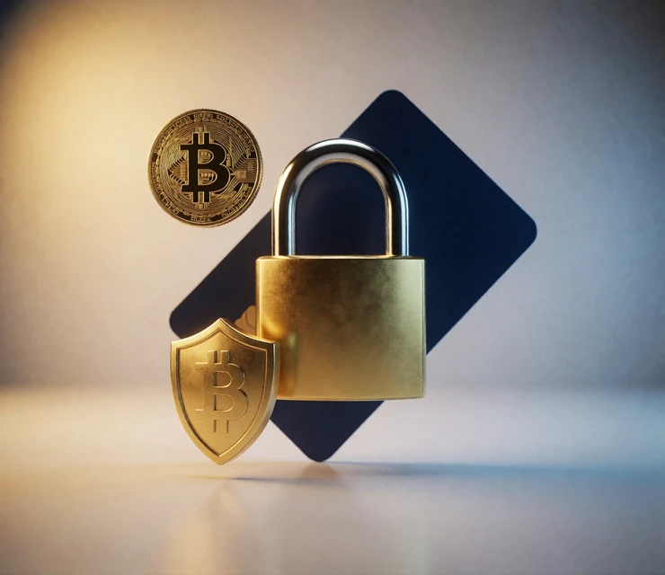 Goldenes Vorh&auml;ngeschloss mit Bankkarte, Bitcoin und Schild als Symbol f&uuml;r Geb&uuml;hrentransparenz und Diskretion bei Casino-Zahlungen