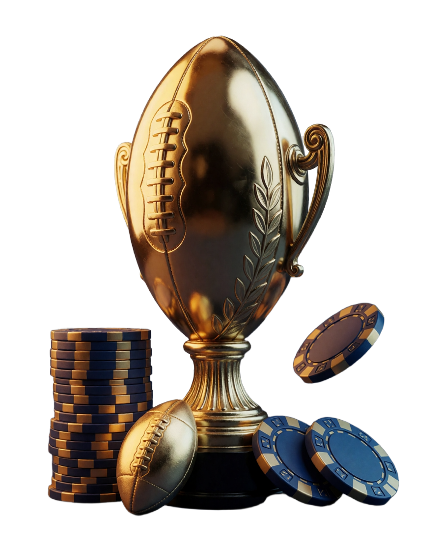 Goldene Football-Troph&auml;e mit gestapelten Casino-Chips als Symbol f&uuml;r das Bonuspaket im Casino Bonus Bereich von BetScore