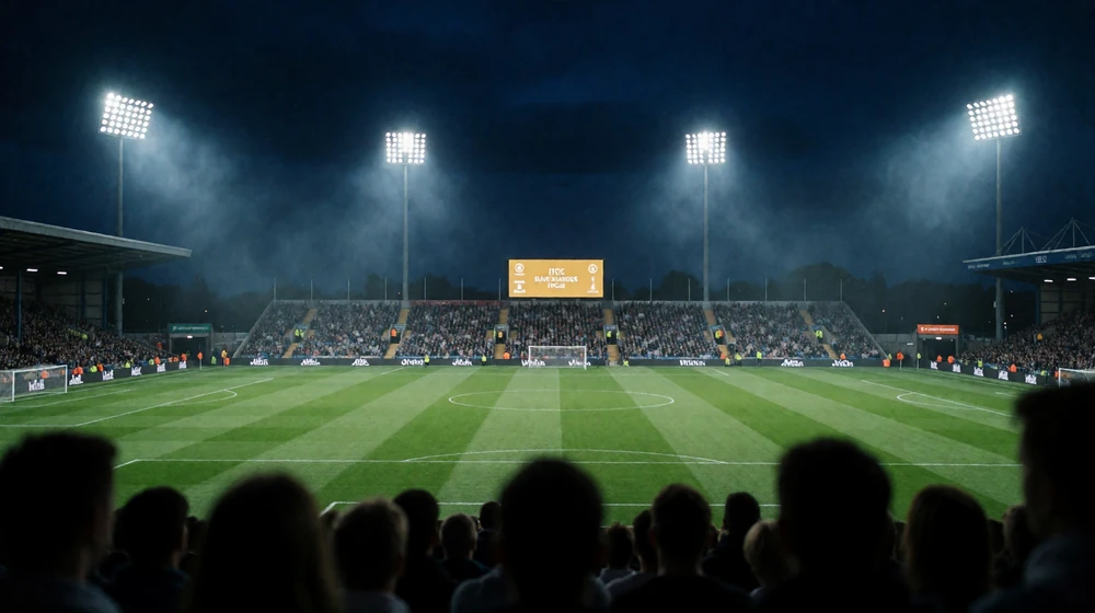 Flutlichtstadion aus Zuschauerperspektive am Spieltagabend als Kontext f&uuml;r Sportwetten online bei BetScore