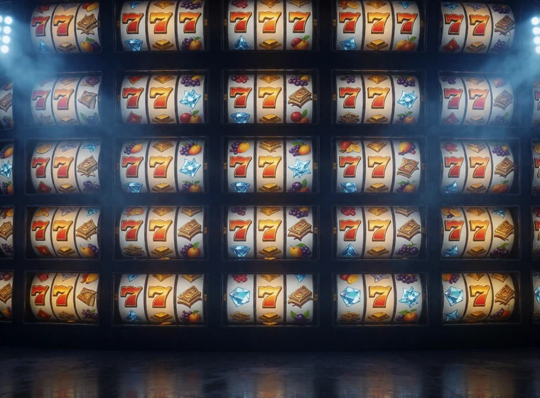 Wand aus leuchtenden Slot-Walzen mit Sevens und Fruchtsymbolen als &Uuml;bersicht der Online Slots Lobby von BetScore
