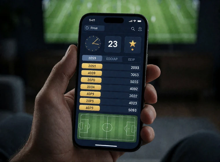 Smartphone in der Hand mit Live-Ticker eines laufenden Spiels als Beispiel f&uuml;r den In-Play-Ablauf bei Live-Wetten