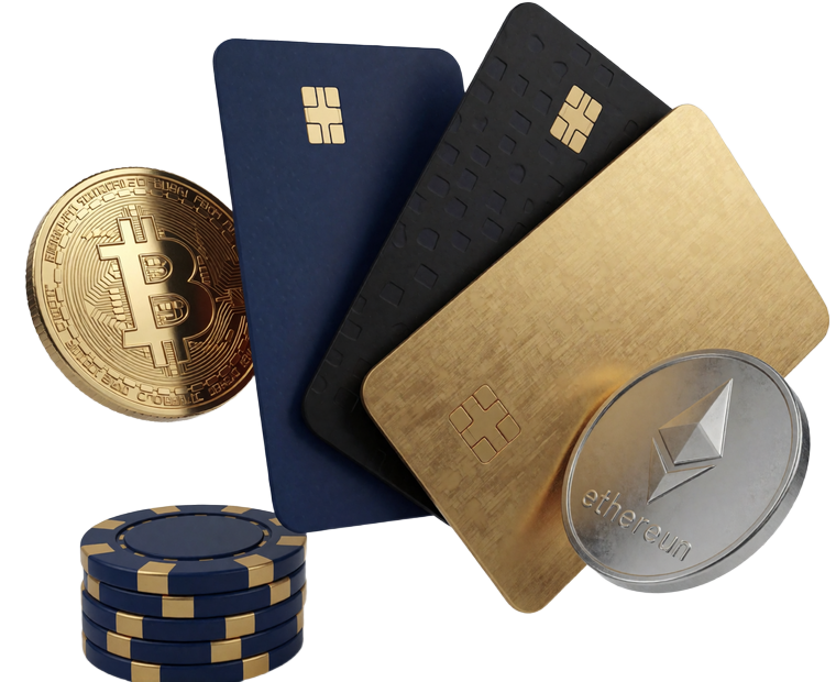 Bankkarten, Bitcoin- und Ethereum-M&uuml;nzen sowie Casino-Chips als &Uuml;bersicht der Einzahlungswege