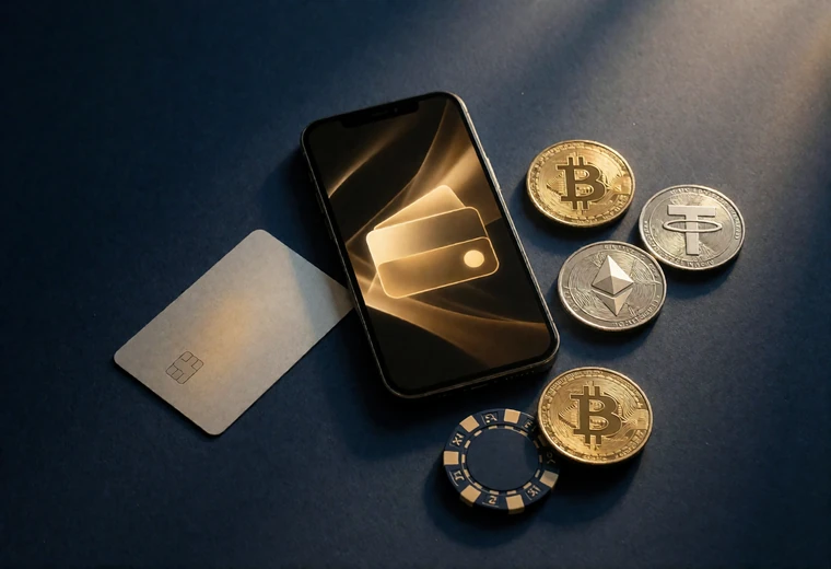Bankkarte, Smartphone mit Wallet-Ansicht und Krypto-Coins auf dunkler Fl&auml;che als &Uuml;bersicht der Zahlungsmethoden im Online Casino