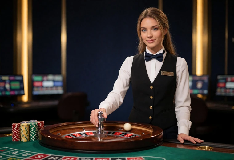 Croupierin dreht den Roulette-Kessel im Sendestudio - Live Casino mit echten Dealern bei BetScore